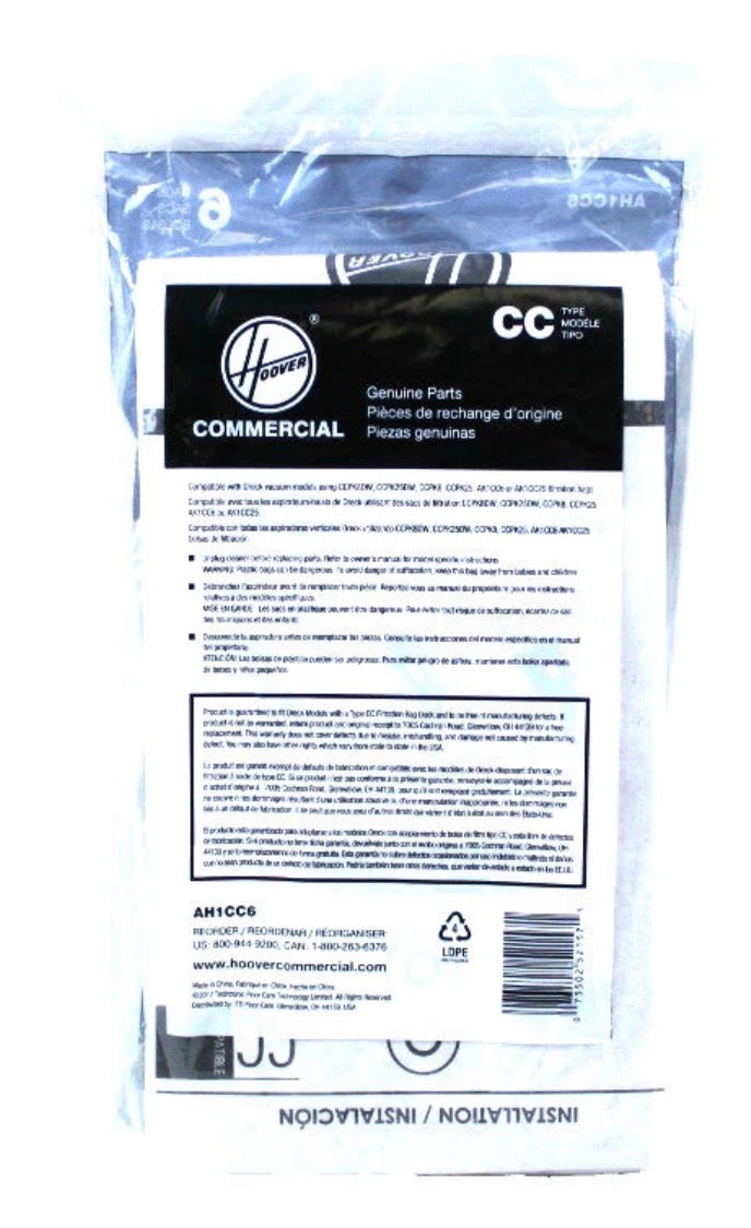Oreck Type CC Hypoallergenic Commercial Vacuum Bags 6/pk #AH1CC6. Replaces CCPK8DW, CCPK8, CCPK8OF, CCPK8OH, CCPK25, AK1CC6, AK1CC25