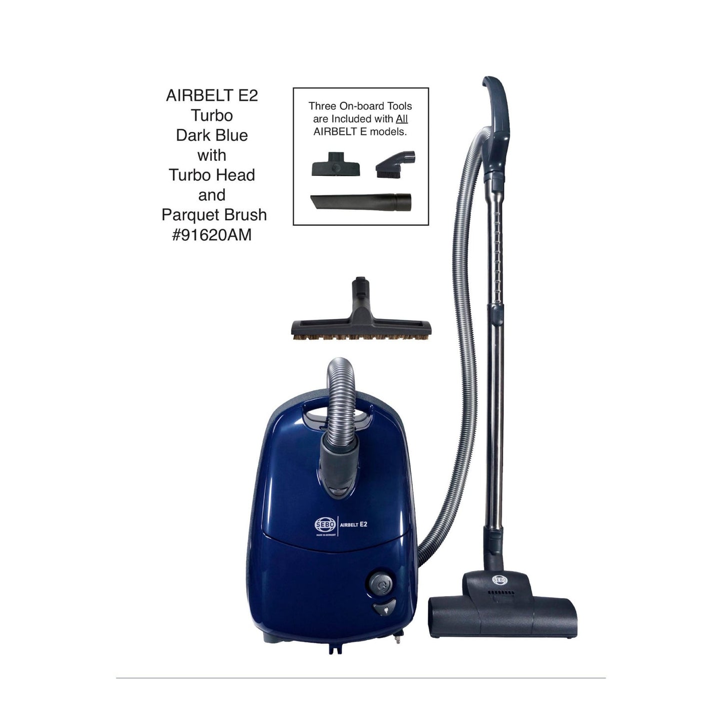 SEBO AIRBELT E2 Turbo Canister Vacuum with Turbo Nozzle and Parquet Brush (Dark Blue)
