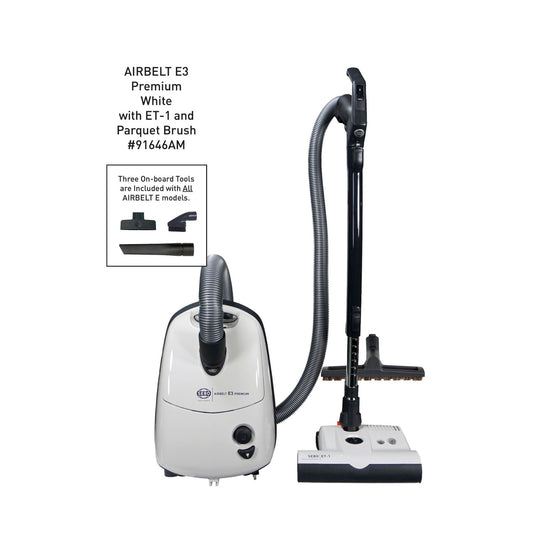 SEBO AIRBELT E3 Premium Canister Vacuum with ET-1 Power Head and Parquet Brush (White)