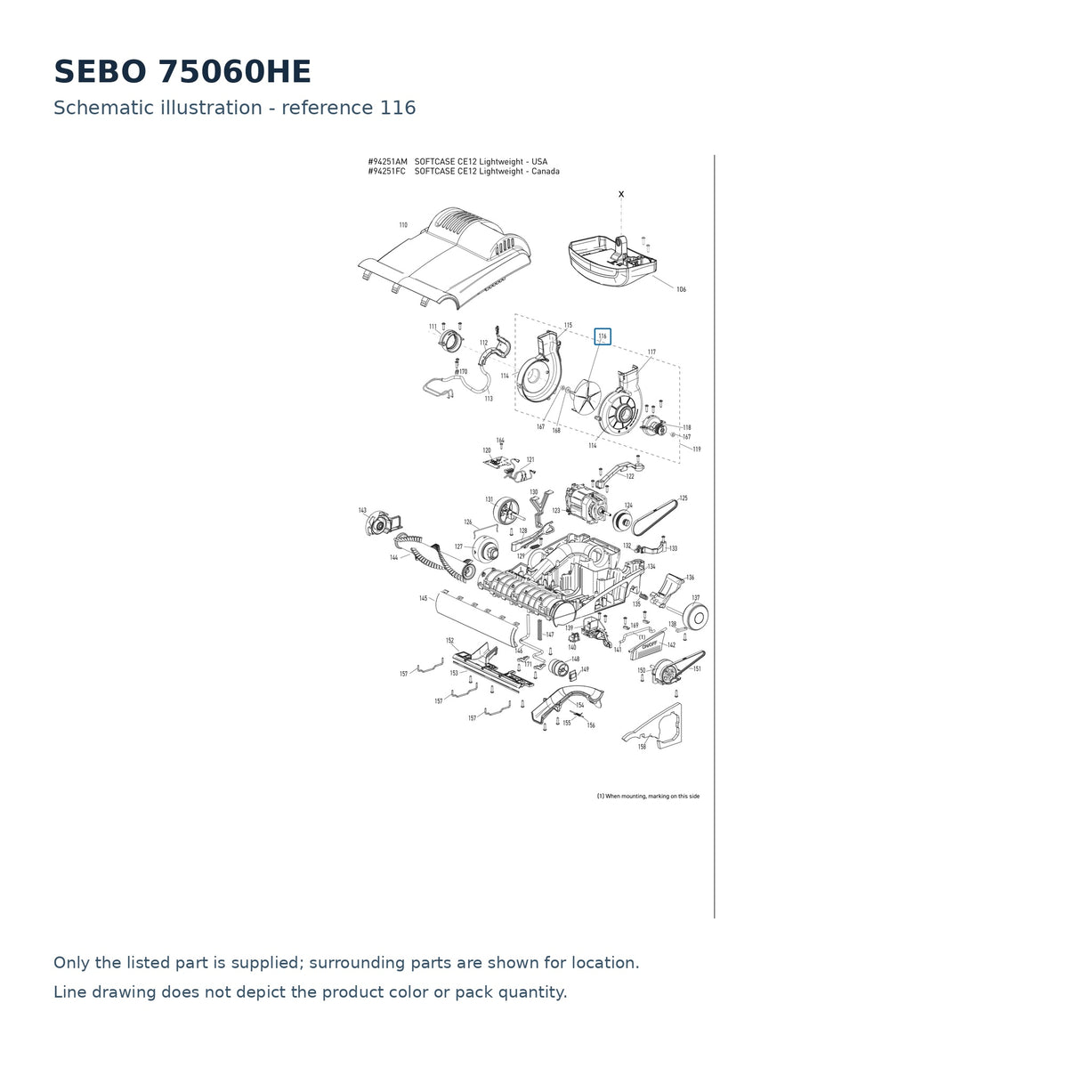 SEBO 75060HE schematic illustration; reference 116; only the listed part supplied