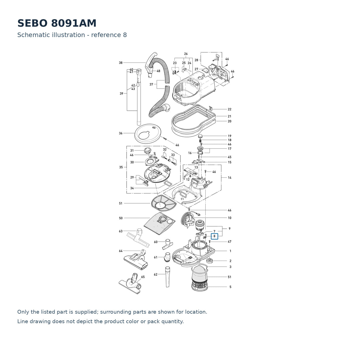 SEBO 8091AM schematic illustration; reference 8; only the listed part supplied